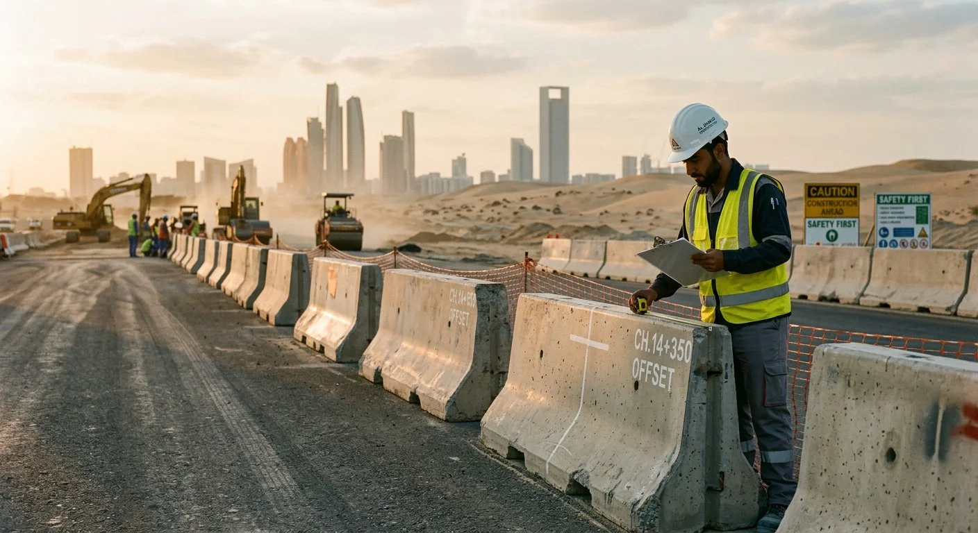 Site engineer inspecting concrete road barriers (Jersey and F-Type) on a UAE highway construction project in Dubai during late afternoon.