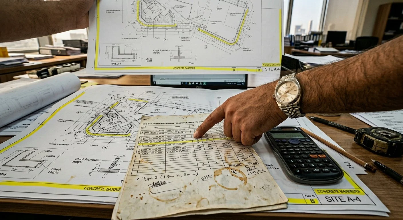 Precast concrete barrier pricing documents and cost estimates on a construction procurement desk in Dubai