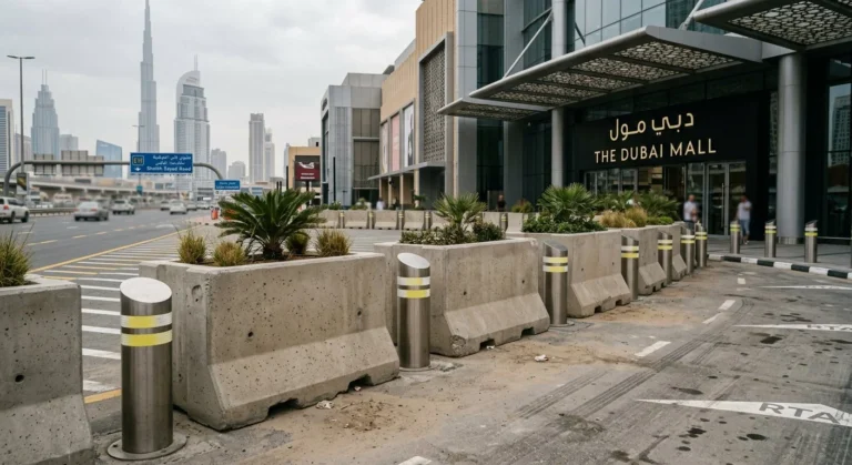 SIRA-approved precast anti-ram planter barriers and shallow-mount bollards outside luxury mall entrance in Dubai, UAE