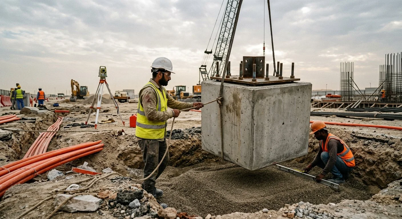 Site engineer guiding precast concrete pole foundation block with anchor bolts into excavated pit on UAE road lighting project