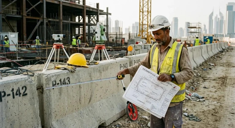 Foreman measuring precast concrete barrier line with tape and site plan on UAE construction site