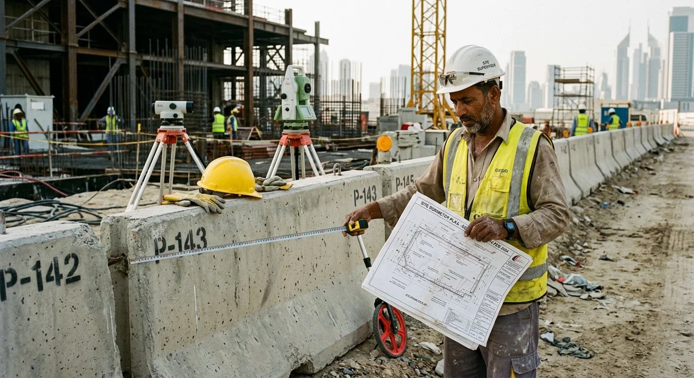 Foreman measuring precast concrete barrier line with tape and site plan on UAE construction site