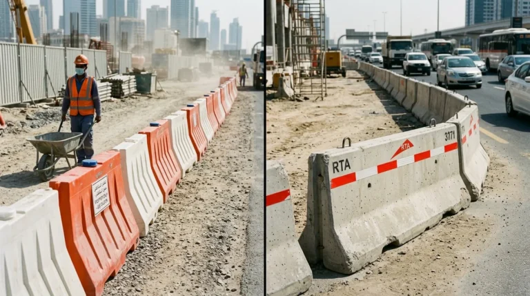 Side by side plastic water-filled barriers and precast concrete Jersey barriers with 3M tape on UAE RTA work zone