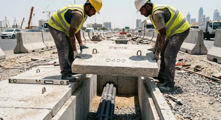 Workers installing D400 precast concrete trench cover with DEWA marking over cable trench in Dubai footpath