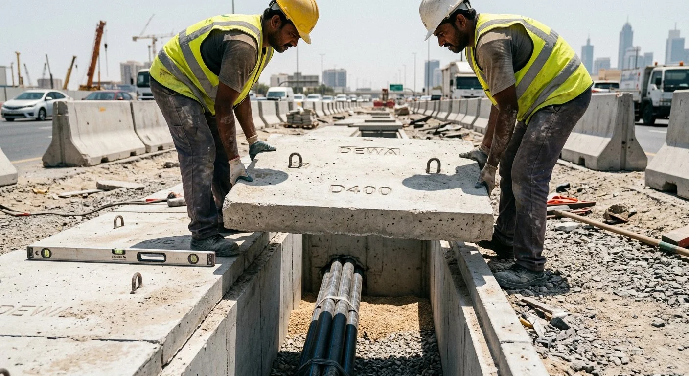Workers installing D400 precast concrete trench cover with DEWA marking over cable trench in Dubai footpath