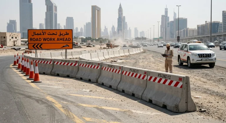 RTA-compliant precast concrete barriers with reflective tape and flare along Dubai service road work zone