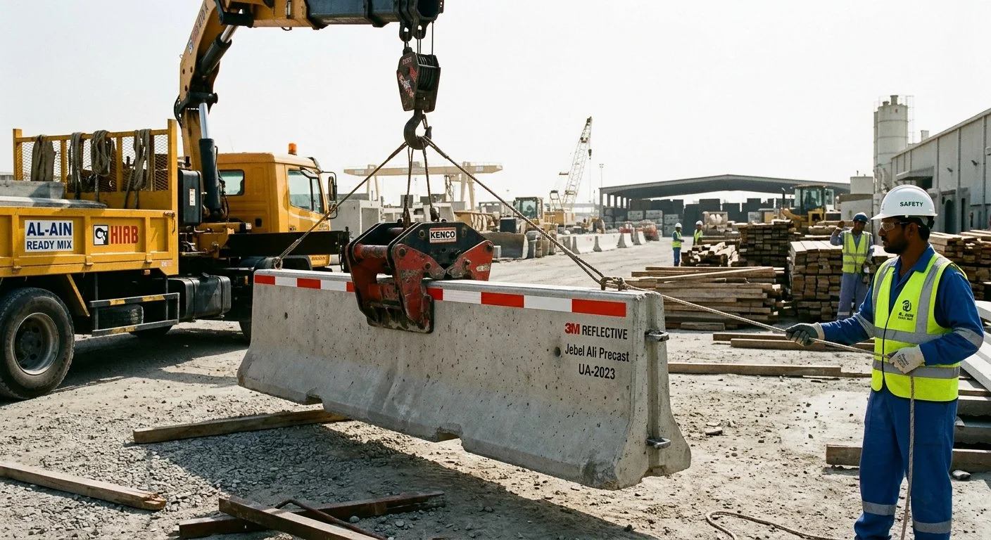 Kenco automatic barrier clamp lifting precast concrete Jersey barrier with Hiab in UAE yard without corner damage