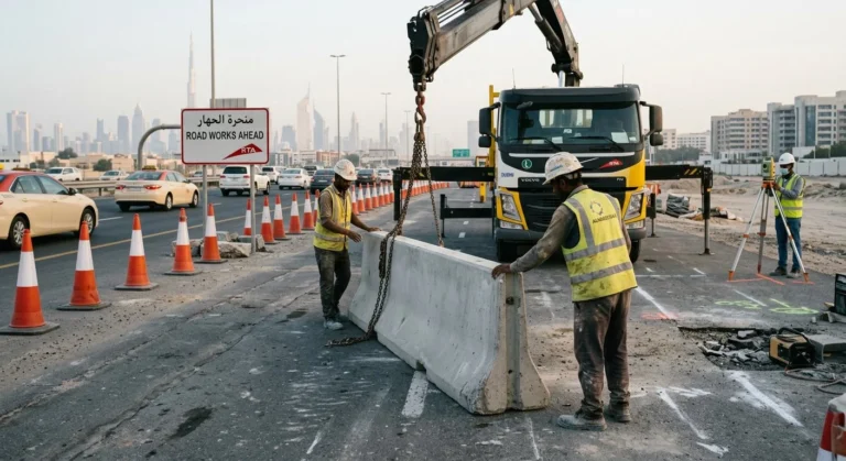 Crew positioning precast concrete barriers with a Hiab crane on a Dubai service road alongside cones and roadworks signs