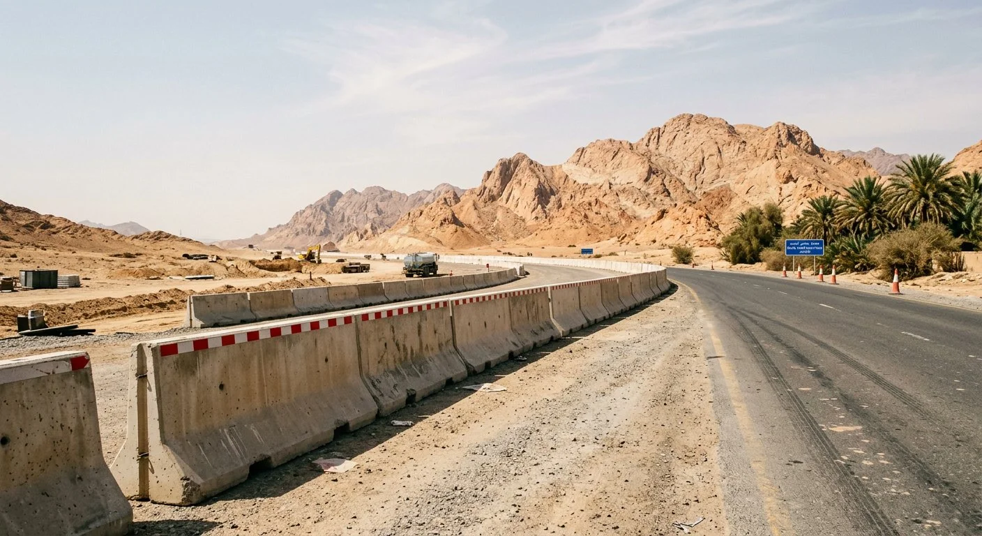 Precast concrete barriers installed along an inland road near Al Ain with Hajar Mountains in the background, UAE