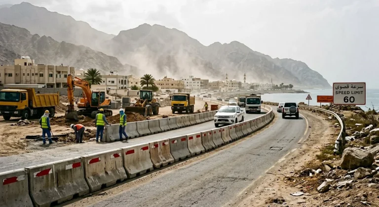 Precast concrete barriers lining a roadworks zone on a coastal road in the Northern Emirates with mountains in the distance