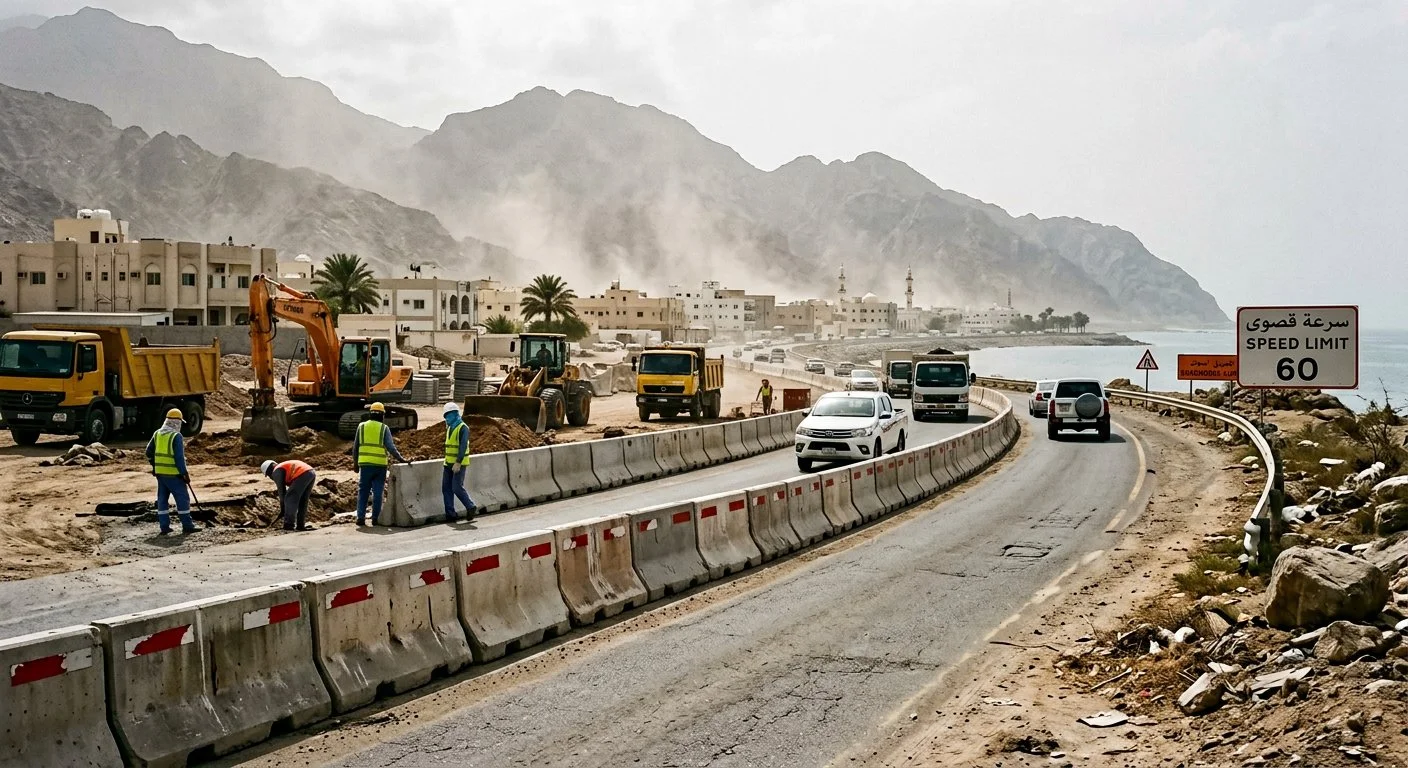 Precast concrete barriers lining a roadworks zone on a coastal road in the Northern Emirates with mountains in the distance